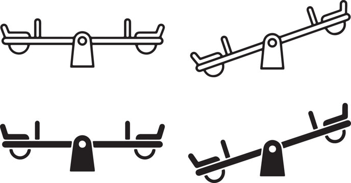 Seesaw icon set with outline and solid styles. Playground teeter totter vector graphics. Minimalist park equipment symbols for web design.