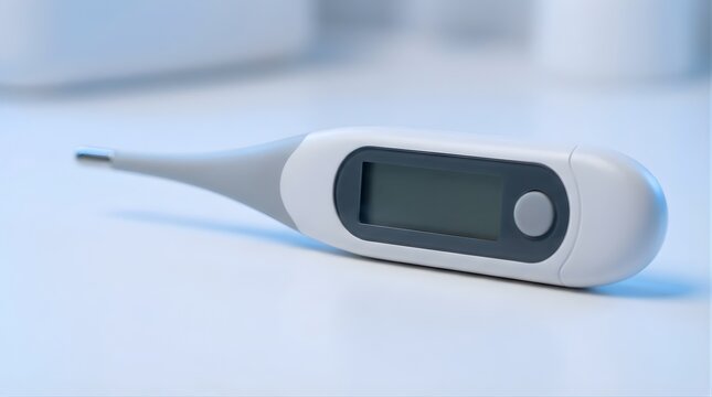 Digital thermometer on a white desk for checking body temperature at home