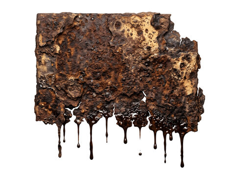 A rectangular piece of heavily corroded and rusted metal plate isolated on transparent background