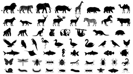 Obraz premium Collection of black animal silhouettes featuring diverse wildlife species on white