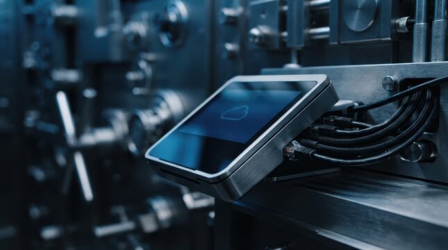 Payment terminal beside network cables and brushed steel vault hardware with cloud symbol reflection.