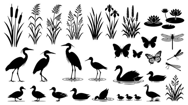 Collection of black silhouettes featuring wetland plants birds and insects