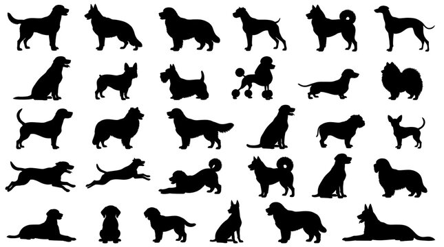 Collection of black dog silhouettes featuring various breeds on a white background