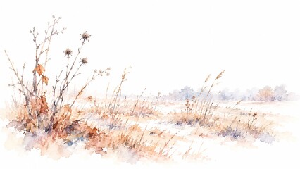 Obraz premium 淡い水彩画で描かれた冬の野原に立つ枯れ草と枯れ木、白い背景に広がる冬枯れの風景