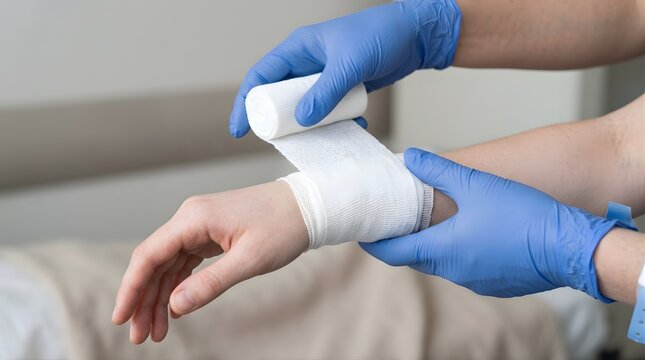Doctor wrapping white bandage on patient wrist to provide medical care