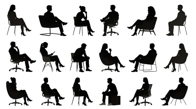 Collection of diverse people silhouettes sitting in various chairs on white background