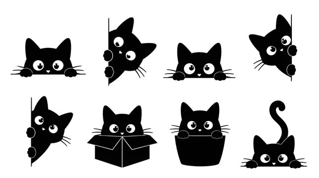 Collection of black cat silhouettes peeking out isolated on a white background