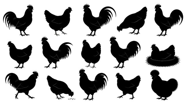 Collection of black silhouettes featuring various chickens and roosters isolated on a white background