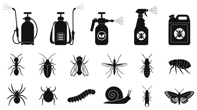 Collection of black insect pest control silhouette icons featuring garden sprayers