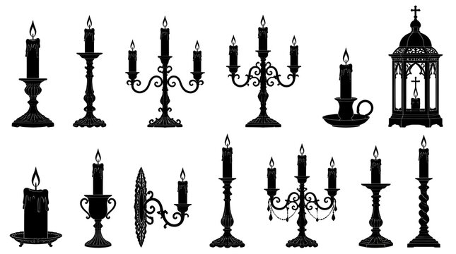 Collection of black candle silhouettes featuring various vintage holders and candelabras on a white background