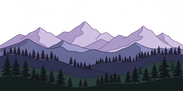 Majestic mountain range with a dark evergreen forest in a minimalist digital illustration