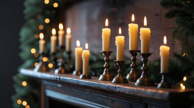 Antique Tarnished Brass Candlesticks with Glowing Wax Candles on Dark Rustic Wood Fireplace Mantelpiece