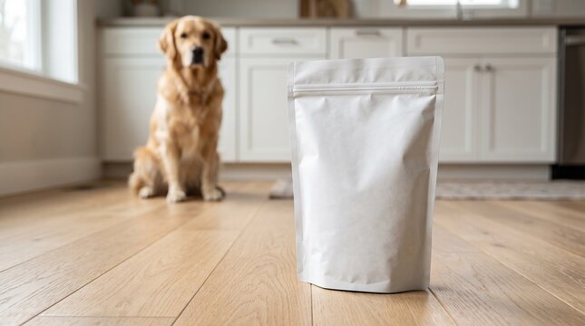 Pet food pouch mockup with golden retriever dog in blurred kitchen background, organic animal health supplement packaging template
