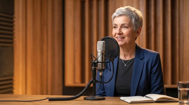 Podcast Production Concept : Senior Business Woman Speaking into Studio Microphone during Live Interview with Copy Space