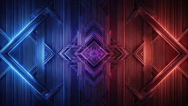 Geometric, symmetrical, glowing blue and red neon lights create an abstract, futuristic, digital pattern