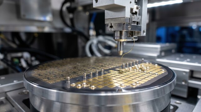 Wafer packaging station with gold bonding pads and precision alignment pins in semiconductor fabrication