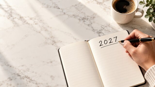 Hand writing 2027 in notebook planning new year goals