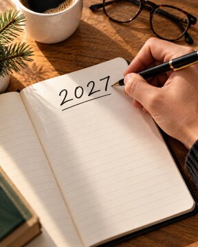 Hand writing 2027 in notebook, planning goals