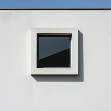 Minimalist white concrete building facade with a single square window and strong diagonal shadow under clear blue sky