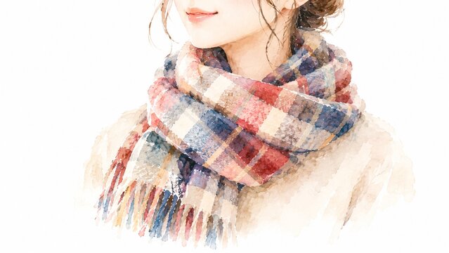 暖かそうなチェック柄マフラーを巻いた女性の首元の水彩画イラスト、冬のファッションアイテム