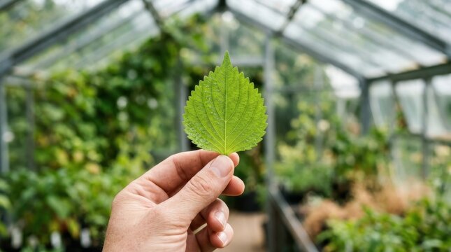 Botanist hand holding a single green perilla leaf with fine veins, serrated edges, and condensation in a greenhouse.