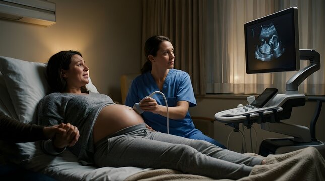Pregnant woman having ultrasound scan by doctor in hospital room