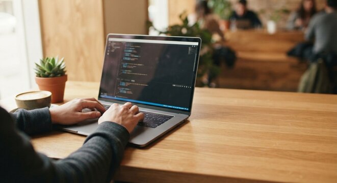 Person writing code on a laptop at a wooden table in a cafe