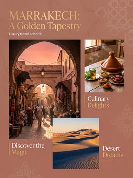 Marrakech Tourism : Luxury Travel Poster Layout with Medina Gate, Tagine, and Sahara Dunes
