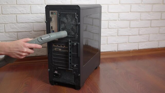 Technician cleaning desktop computer case with vacuum cleaner. Technician performing maintenance by cleaning the dust from the back panel of a black desktop computer case using a vacuum cleaner