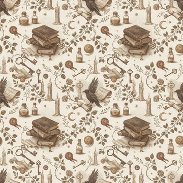 Vintage dark academia seamless pattern, mystical alchemy aesthetic background, sepia botanical magic wallpaper with books and ravens