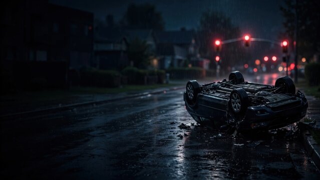 Overturned vehicle on wet road at night under red traffic lights, dark and rainy