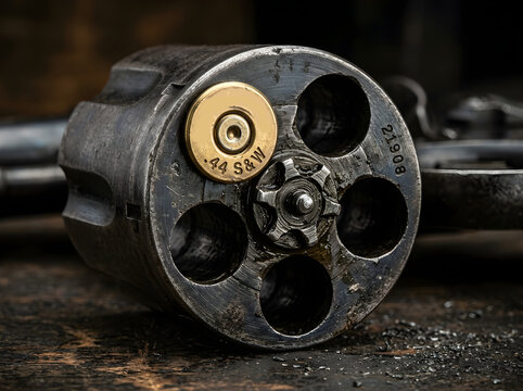 Closeup of a weathered revolver cylinder with a single 44 sw cartridge labeled lady luck