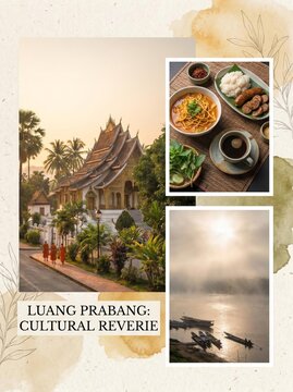 Luang Prabang tourism : Laotian temple, traditional cuisine, and Mekong river sunrise collage layout