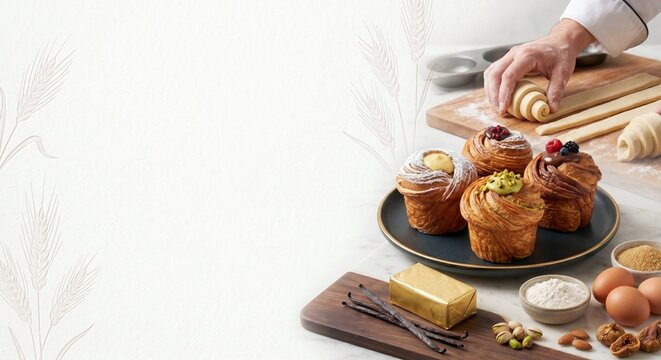 Artisanal bakery concept : Chef hands rolling dough near fresh pastry cruffins with copy space