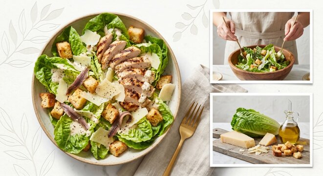 Caesar salad recipe : Digital illustration of fresh salad ingredients and cooking process with graphic layout