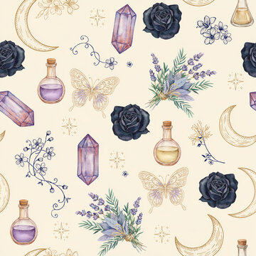Mystical celestial seamless pattern, watercolor witchcraft aesthetic with crystals and moon, gothic floral background for fabric