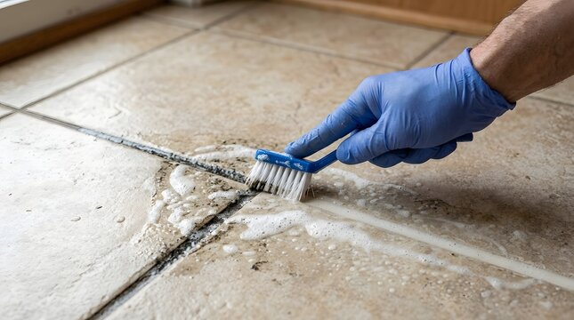 Close Up Gloved Hand Removing Dirt From Kitchen Tile Grout Lines With Cleaning Brush