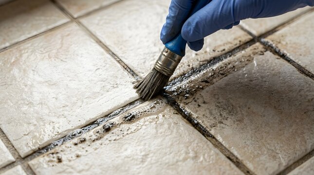 Close Up Hand Brushing Darkened Kitchen Tile Grout Lines to Remove Built Up Dirt and Grime