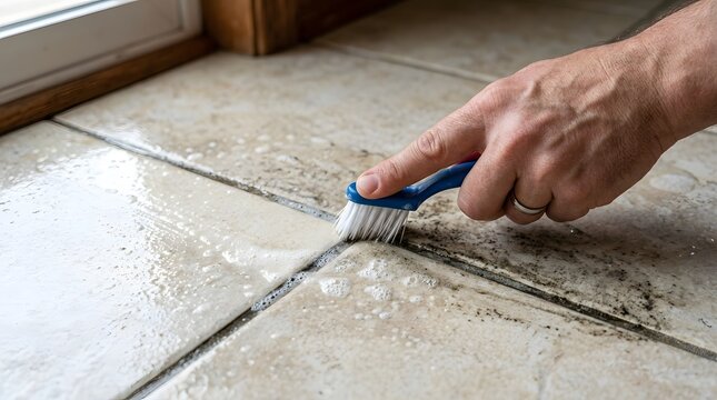 Close Up Hand Scrubbing Kitchen Tile Grout With Small Brush During Intensive Household Cleaning