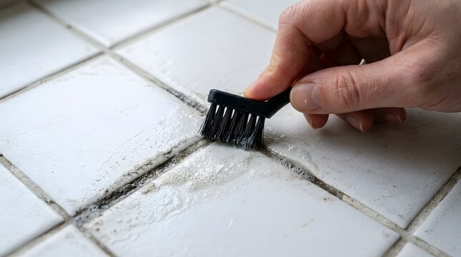 Hand Deep Cleaning Ceramic Kitchen Floor Grout With Brush to Remove Stubborn Dirt and Stains