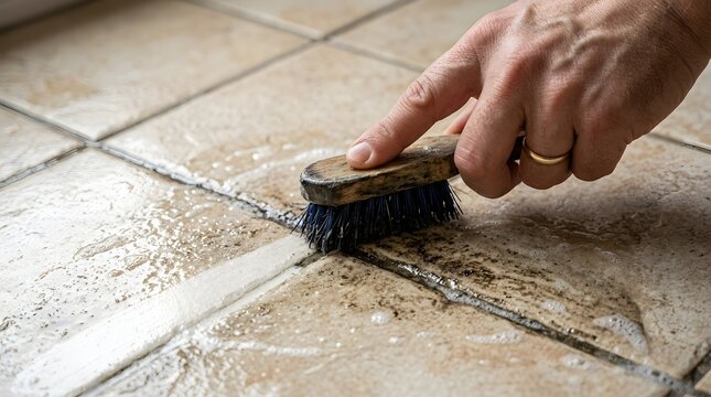 Hand Using Stiff Cleaning Brush to Scrub Dirty Grout Lines Between Kitchen Floor Tiles