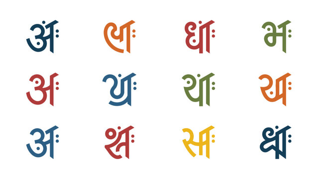 Colorful collection of ancient Sanskrit seeds bija mantras and sacred Vedic symbol icons set isolated on a clean white background.