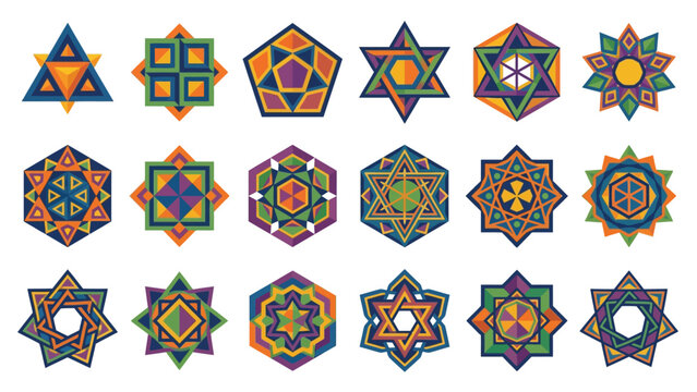 Set of Sacred Geometry Shapes, Colorful Vedic Symbol Icons, Geometric Mandala Ornaments and Spiritual Esoteric Emblems Vector Illustration