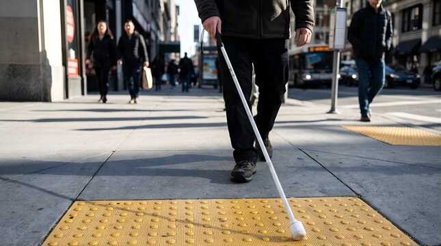 Blind man walking with a white cane on tactile paving in the city
