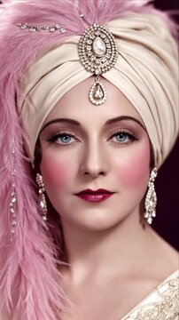 1920s Flapper Woman in Jeweled Turban and Pink Feather Smiling at Camera in Glamorous Vintage Portrait