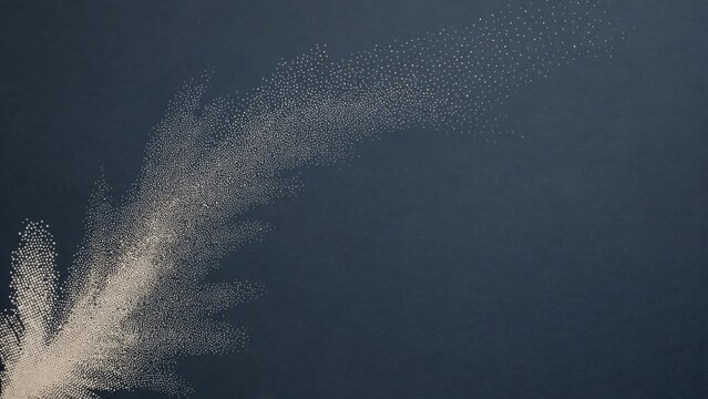 Tiny white specks form a feather-like plume dispersing into a dark blue expanse