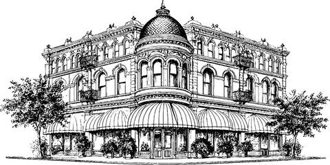 Obraz premium Antique art deco corner building engraving with storefront awnings and turret for architectural background and poster design
