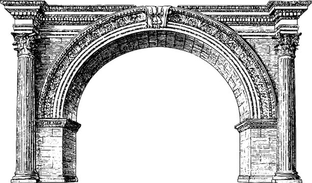Antique engraving arabesque arch isolated on white background for architectural design element and historical illustration