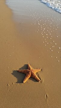Common Starfish (Asterias rubens) lying on wet sand as ocean waves wash ashore
