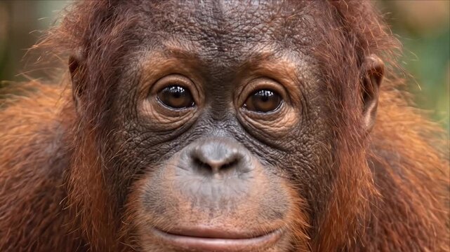 Close up portrait of a young Orangutan (Pongo pygmaeus) looking into the camera in the rainforest